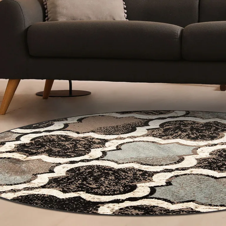 Chocolate Round Quatrefoil Power Loom Distressed Stain Resistant Area Rug Photo 4