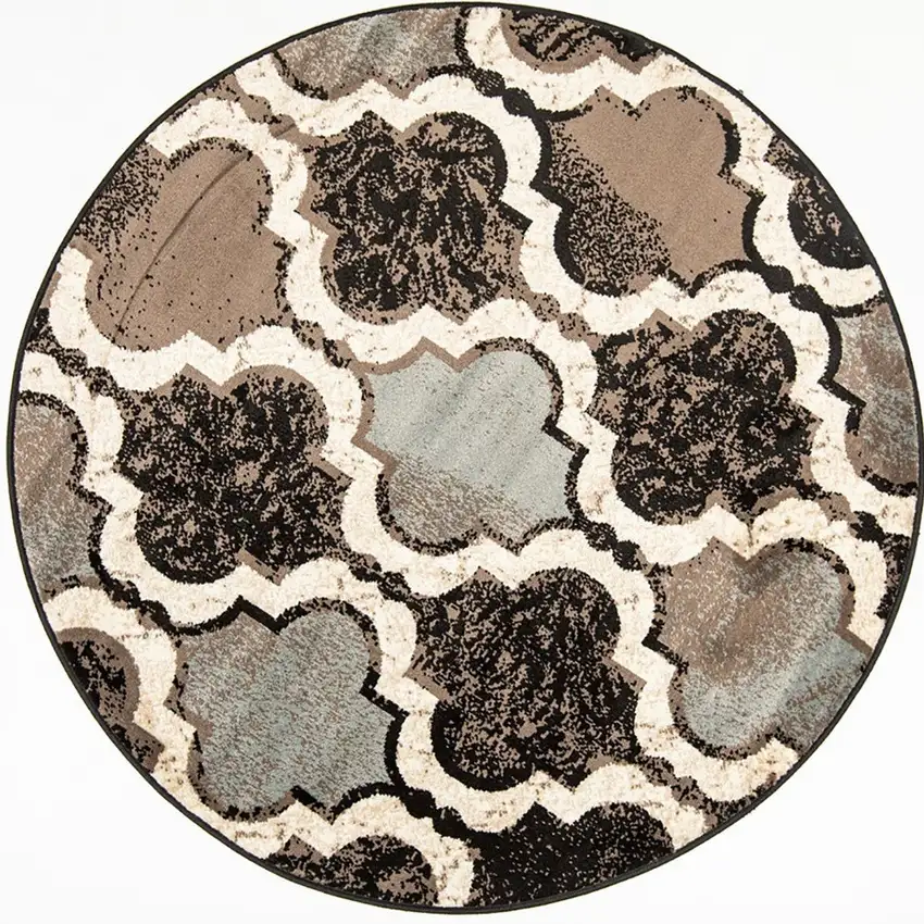 5' Chocolate Quatrefoil Distressed Round Rug Photo 4