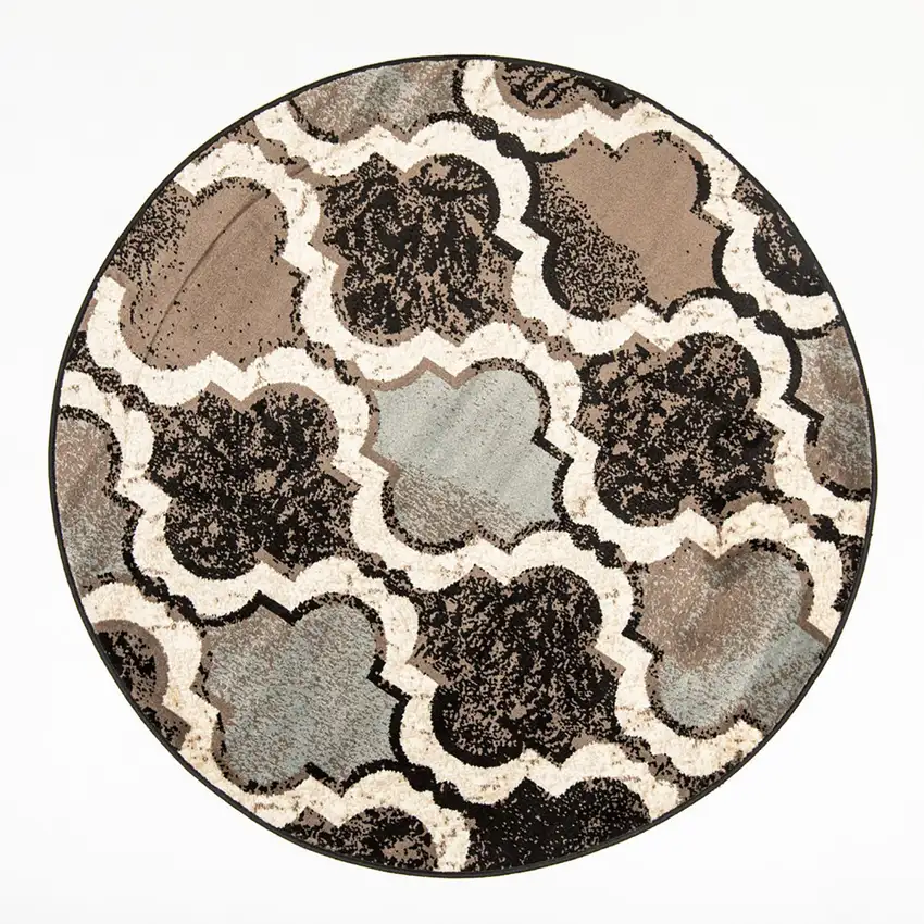 Chocolate Round Quatrefoil Power Loom Distressed Stain Resistant Area Rug Photo 1