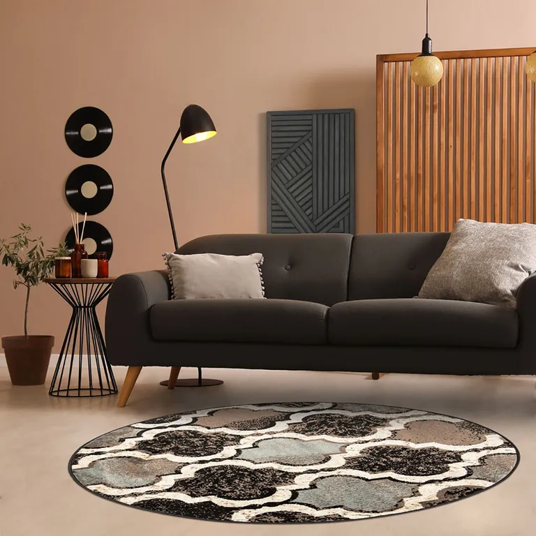 Chocolate Round Quatrefoil Power Loom Distressed Stain Resistant Area Rug Photo 5