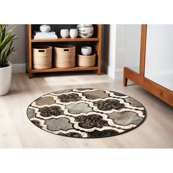 Chocolate Round Quatrefoil Power Loom Distressed Stain Resistant Area Rug Photo 1