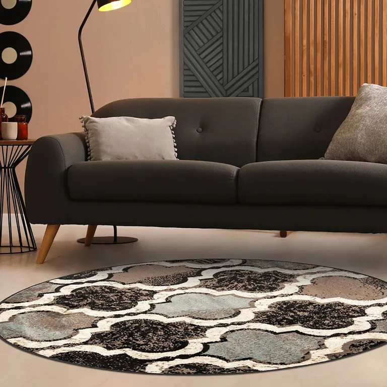 Chocolate Round Quatrefoil Power Loom Distressed Stain Resistant Area Rug Photo 3
