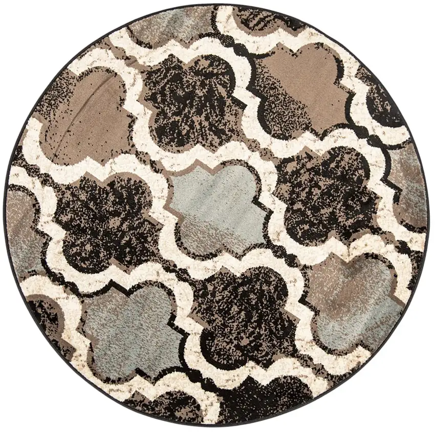 Chocolate Round Quatrefoil Power Loom Distressed Stain Resistant Area Rug Photo 2