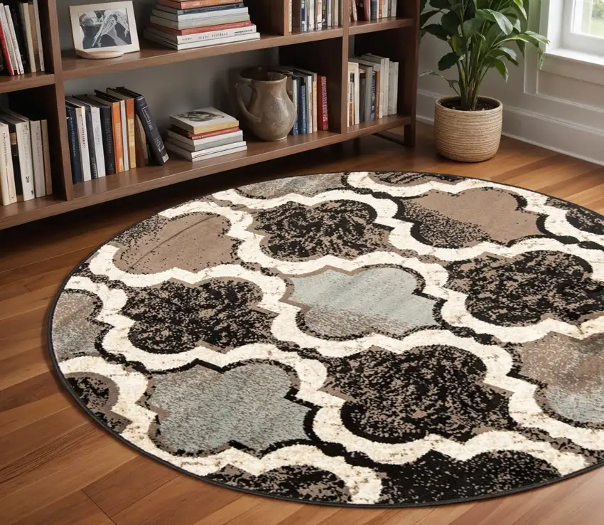 Chocolate Round Quatrefoil Power Loom Distressed Stain Resistant Area Rug Photo 1