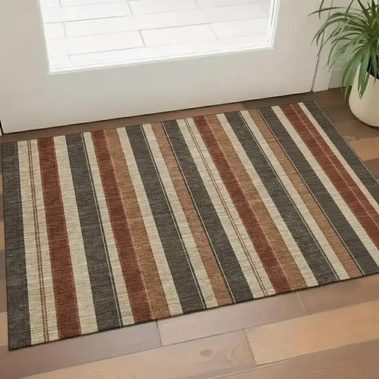 Chocolate Rust And Beige Striped Washable Area Rug With UV Protection Photo 2