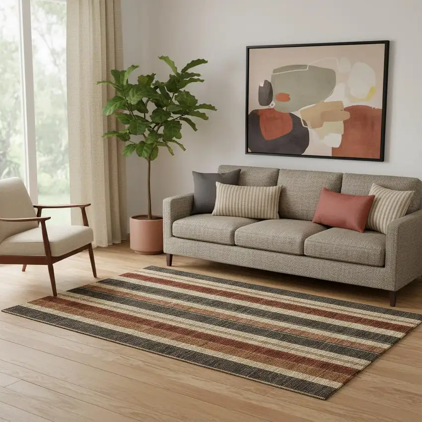 Chocolate Rust And Beige Striped Washable Area Rug With UV Protection Photo 2