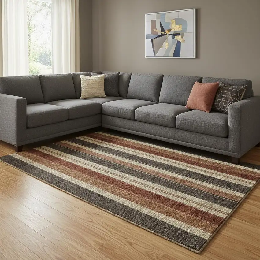 Chocolate Rust And Beige Striped Washable Area Rug With UV Protection Photo 2