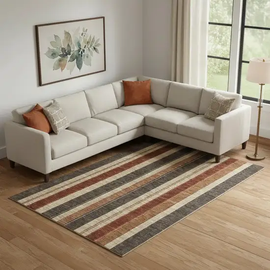 Chocolate Rust And Beige Striped Washable Area Rug With UV Protection Photo 2