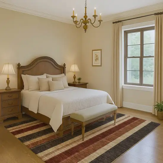 Chocolate Rust And Beige Striped Washable Area Rug With UV Protection Photo 5