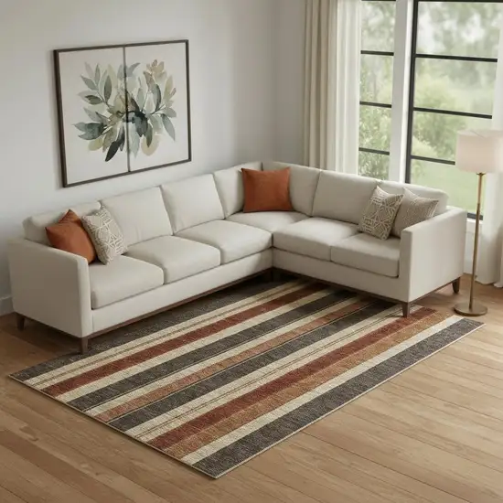 Chocolate Rust And Beige Striped Washable Area Rug With UV Protection Photo 1