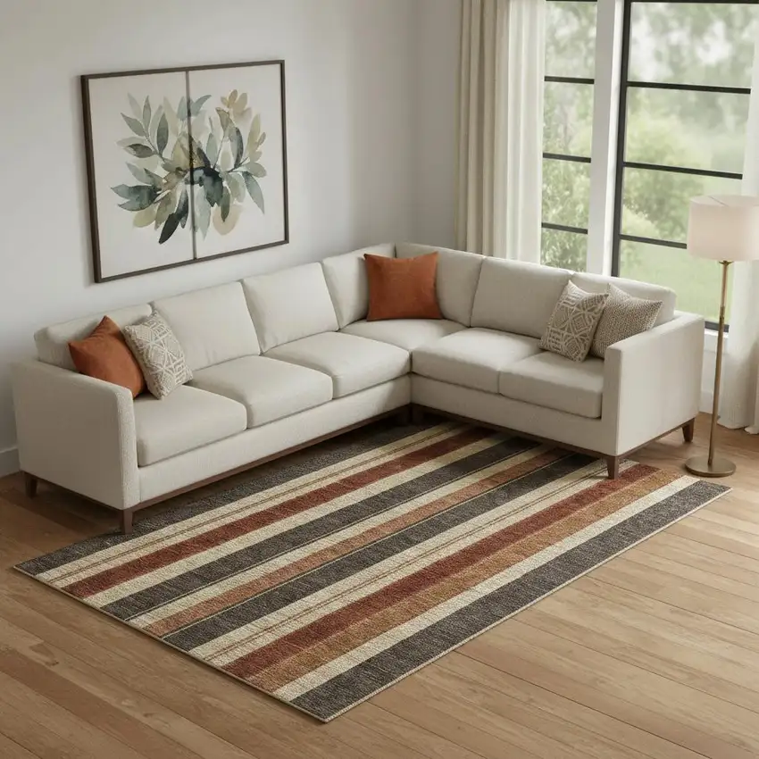 Chocolate Rust And Beige Striped Washable Area Rug With UV Protection Photo 1