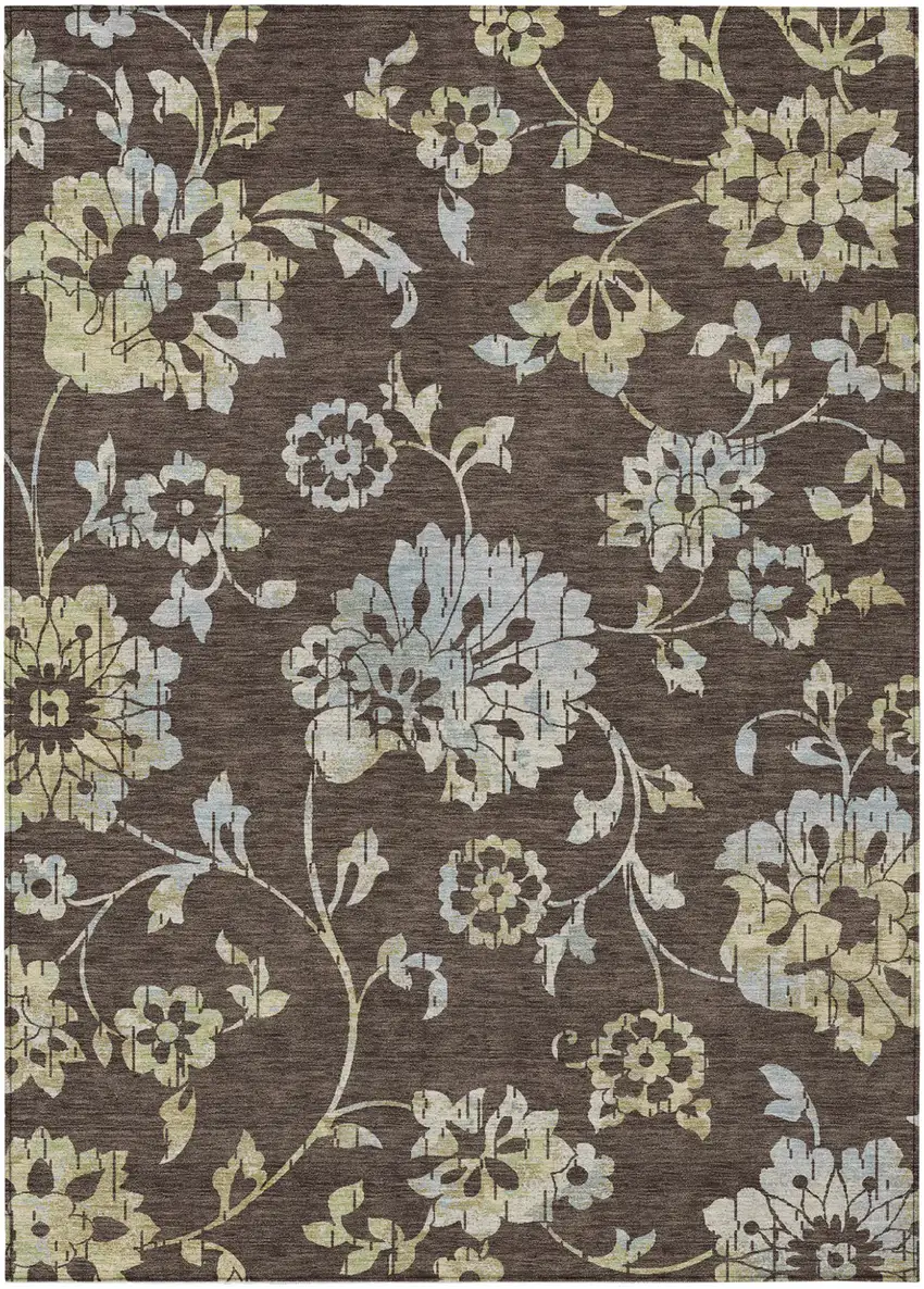 Chocolate Sky Blue And Artichoke Green Floral Washable Indoor Outdoor Area Rug Photo 2