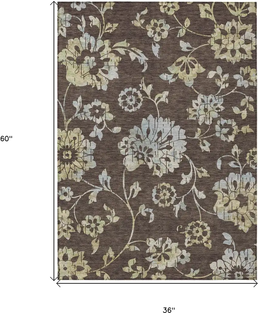 Chocolate Sky Blue And Artichoke Green Floral Washable Indoor Outdoor Area Rug Photo 3