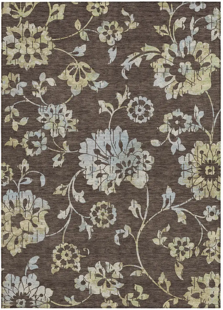 Chocolate Sky Blue And Artichoke Green Floral Washable Indoor Outdoor Area Rug Photo 8