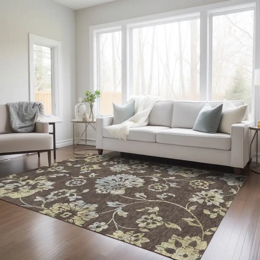 Chocolate Sky Blue And Artichoke Green Floral Washable Indoor Outdoor Area Rug Photo 9