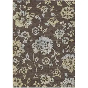 Photo of Chocolate Sky Blue And Artichoke Green Floral Washable Indoor Outdoor Area Rug