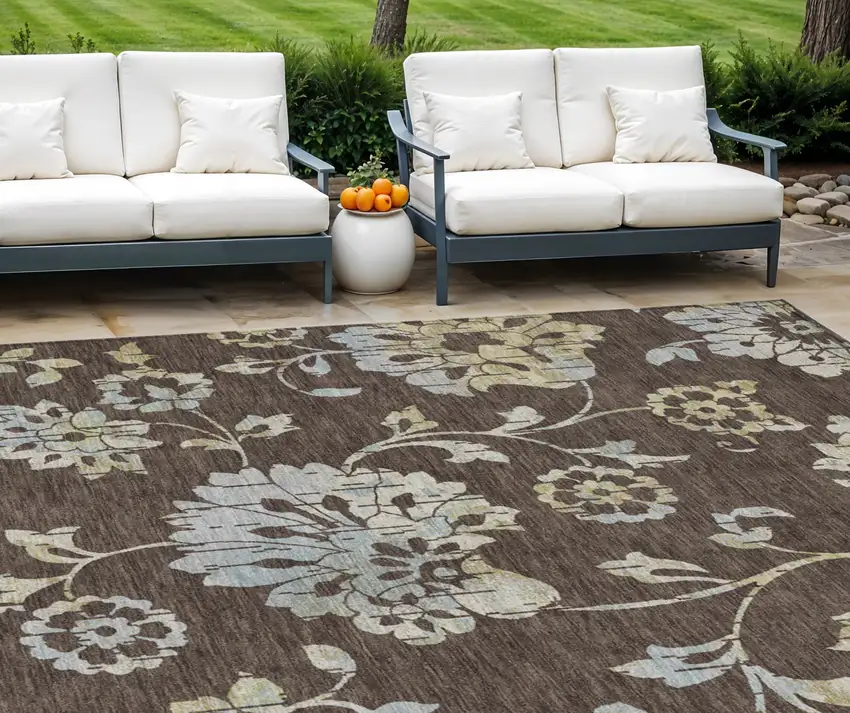 Chocolate Sky Blue And Artichoke Green Floral Washable Indoor Outdoor Area Rug Photo 1