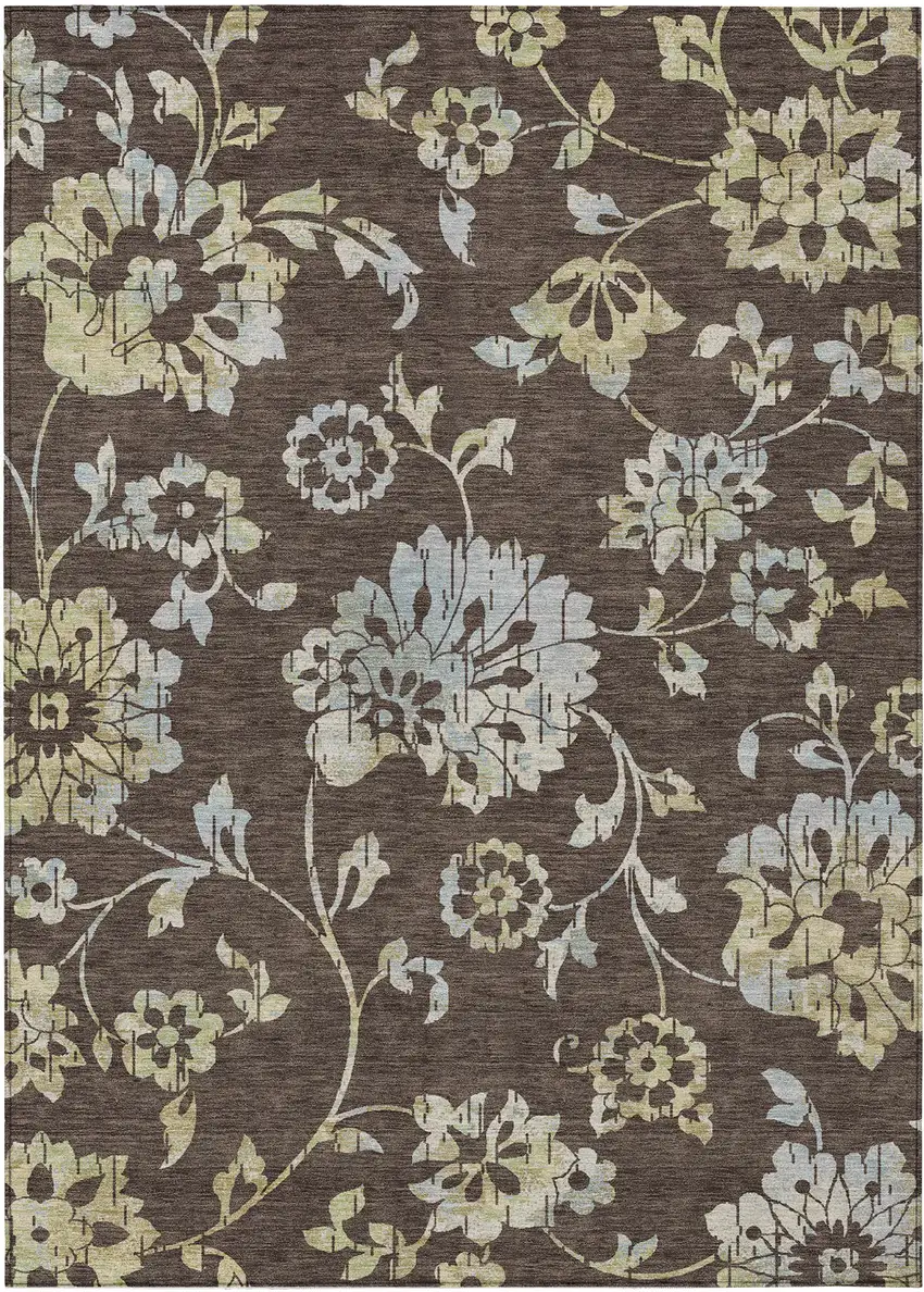 Chocolate Sky Blue And Artichoke Green Floral Washable Indoor Outdoor Area Rug Photo 2