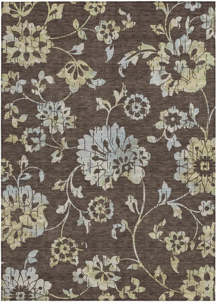 Chocolate Sky Blue And Artichoke Green Floral Washable Indoor Outdoor Area Rug Photo 8