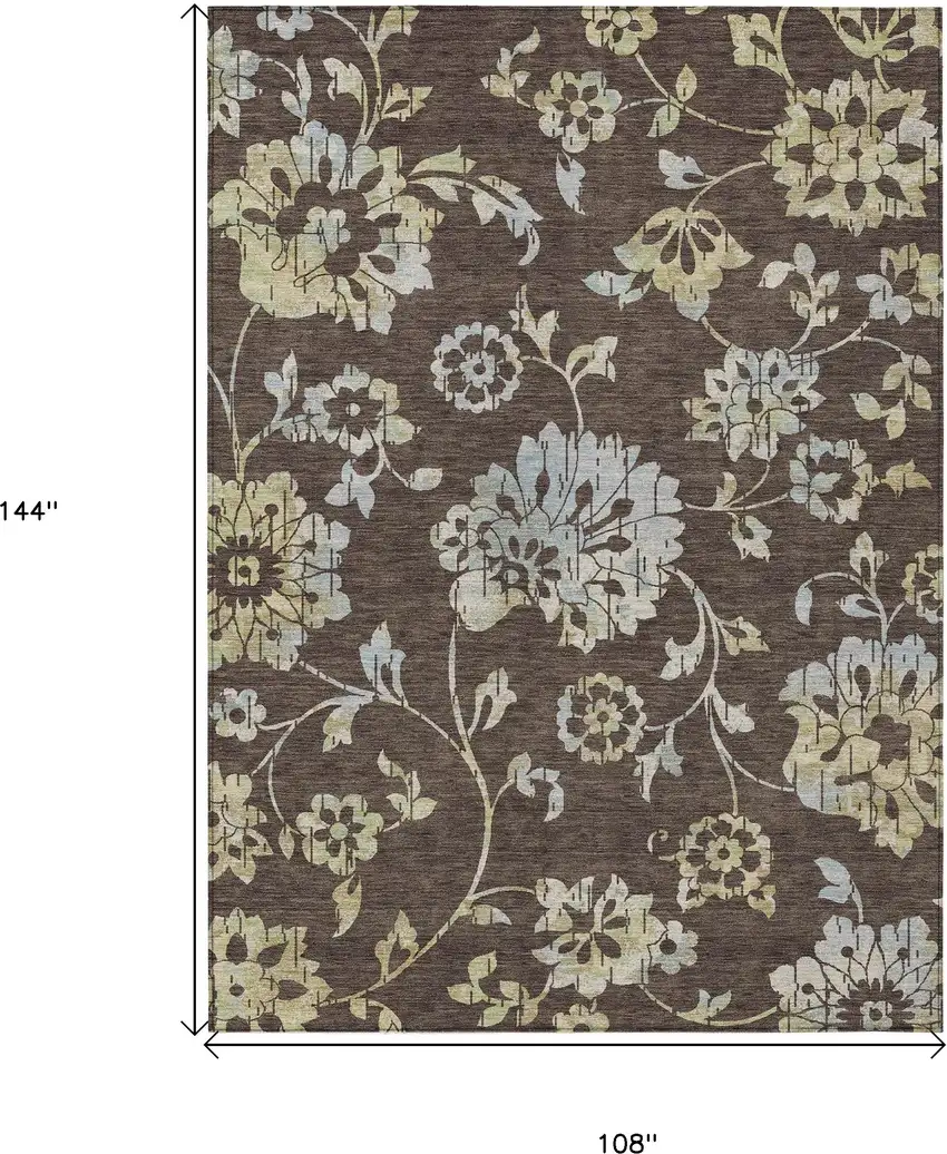 Chocolate Sky Blue And Artichoke Green Floral Washable Indoor Outdoor Area Rug Photo 3