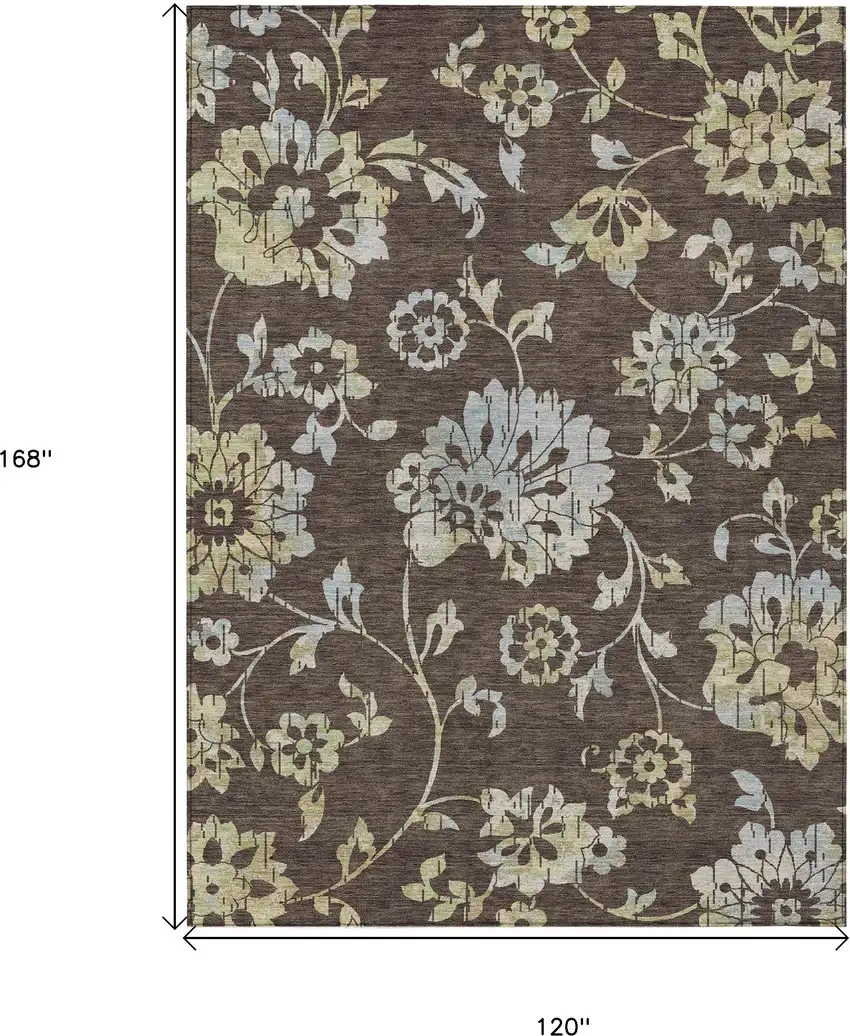 Chocolate Sky Blue And Artichoke Green Floral Washable Indoor Outdoor Area Rug Photo 3