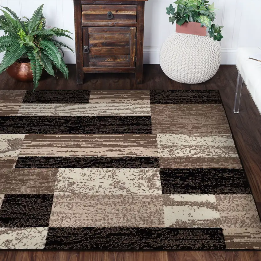 Chocolate Square Patchwork Power Loom Stain Resistant Area Rug Photo 9