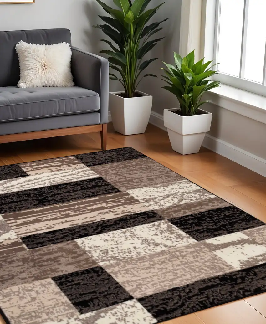 5' Black Brown And Beige Patchwork Square Rug Photo 1