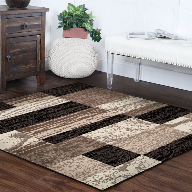 Chocolate Square Patchwork Power Loom Stain Resistant Area Rug Photo 1