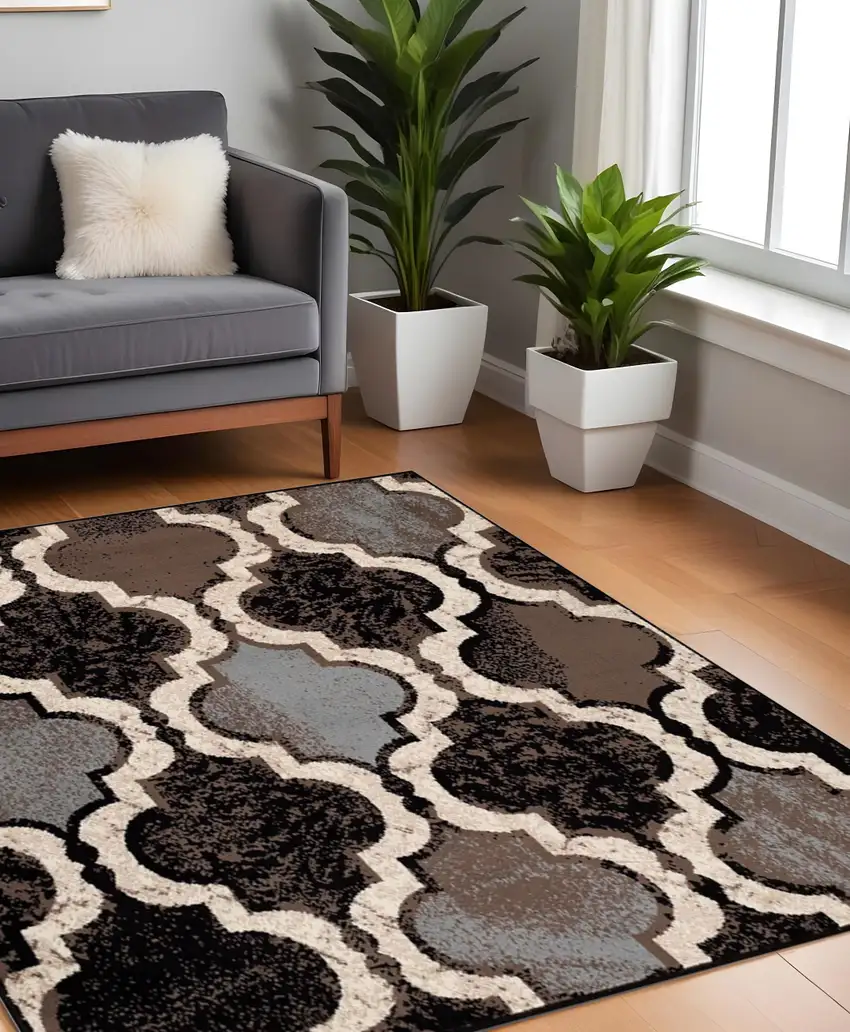 Chocolate Square Quatrefoil Power Loom Distressed Stain Resistant Area Rug Photo 1