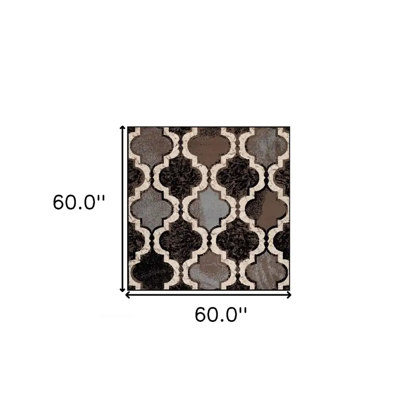 5' Brown Black And Ivory Quatrefoil Distressed Square Rug Photo 5