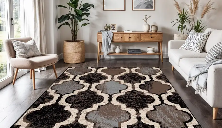 Chocolate Square Quatrefoil Power Loom Distressed Stain Resistant Area Rug Photo 1
