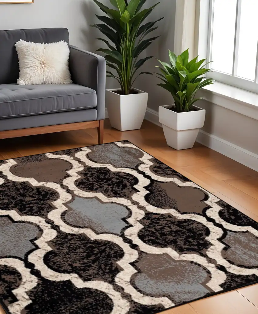 8' Brown Black And Ivory Quatrefoil Distressed Square Rug Photo 1