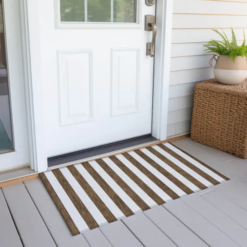 Chocolate Striped Washable Non Skid Indoor Outdoor Area Rug Photo 7