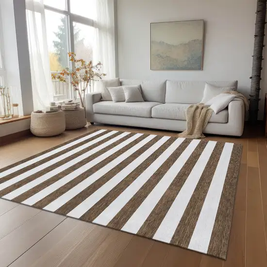 Chocolate Striped Washable Non Skid Indoor Outdoor Area Rug Photo 9
