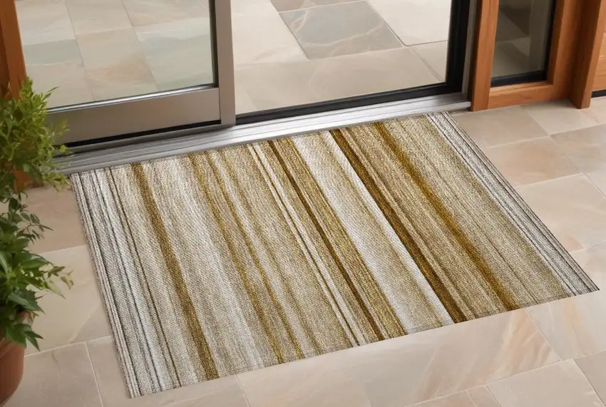 Chocolate Striped Washable Non Skid Indoor Outdoor Area Rug Photo 1