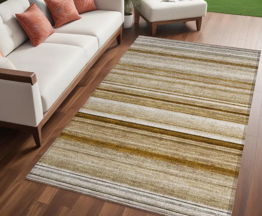 Chocolate Striped Washable Non Skid Indoor Outdoor Area Rug Photo 1