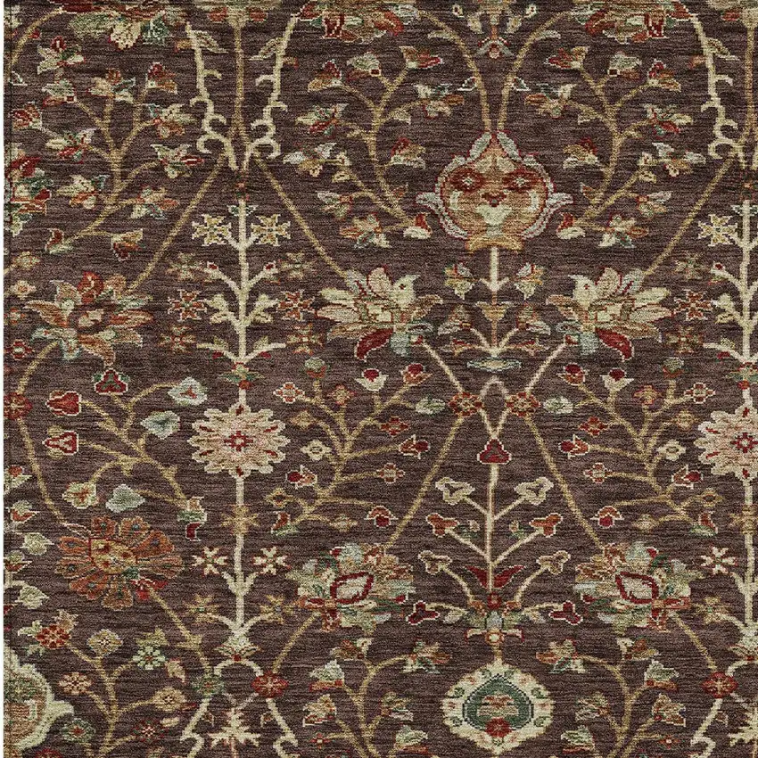 Chocolate Tan And Green Floral Washable Indoor Outdoor Area Rug Photo 6