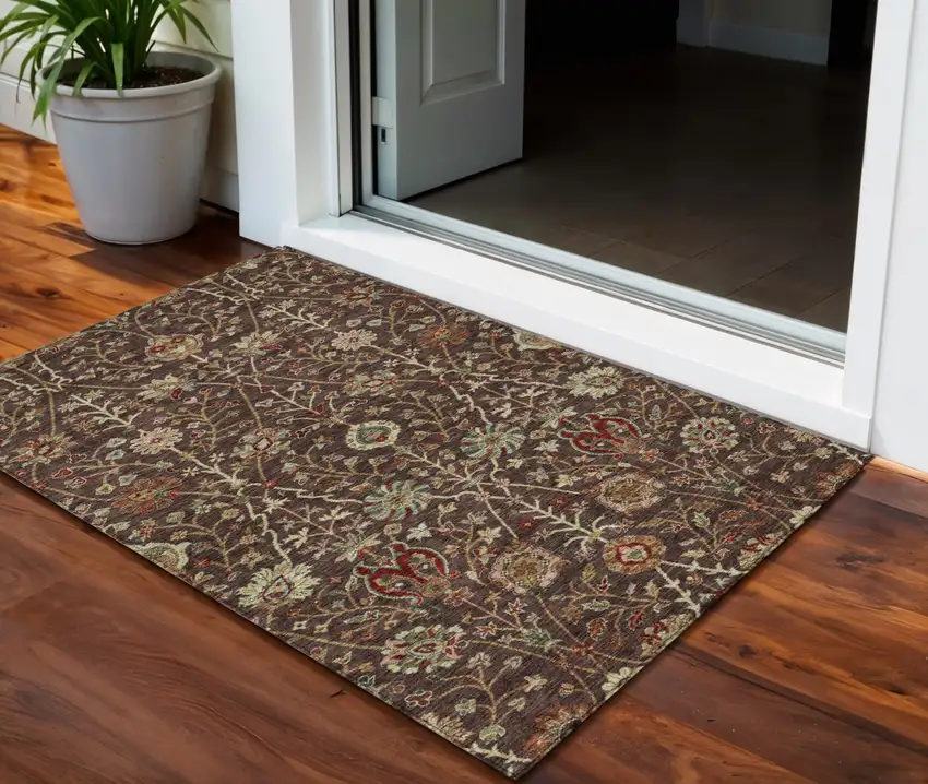 Chocolate Tan And Green Floral Washable Indoor Outdoor Area Rug Photo 1