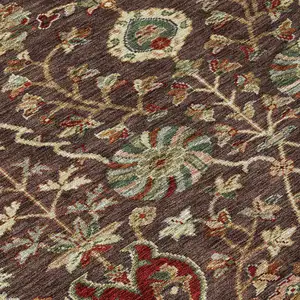 Photo of Chocolate Tan And Green Floral Washable Indoor Outdoor Area Rug