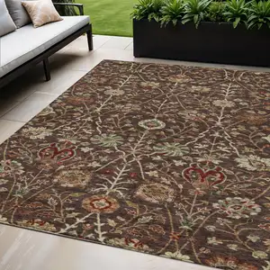 Photo of Chocolate Tan And Green Floral Washable Indoor Outdoor Area Rug