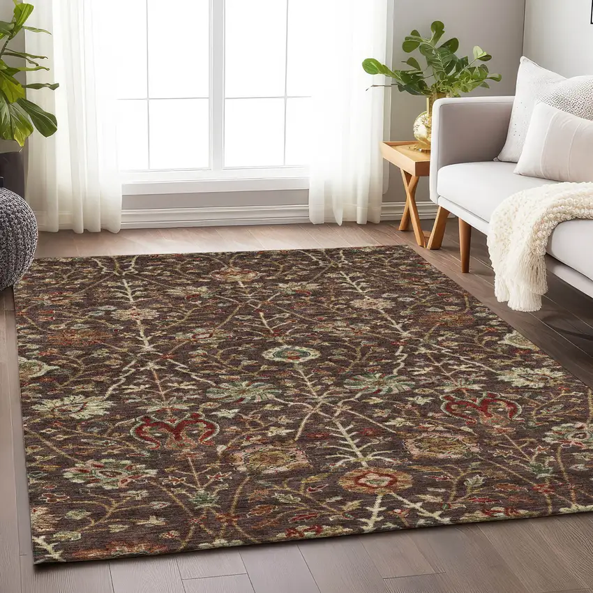 Chocolate Tan And Green Floral Washable Indoor Outdoor Area Rug Photo 9
