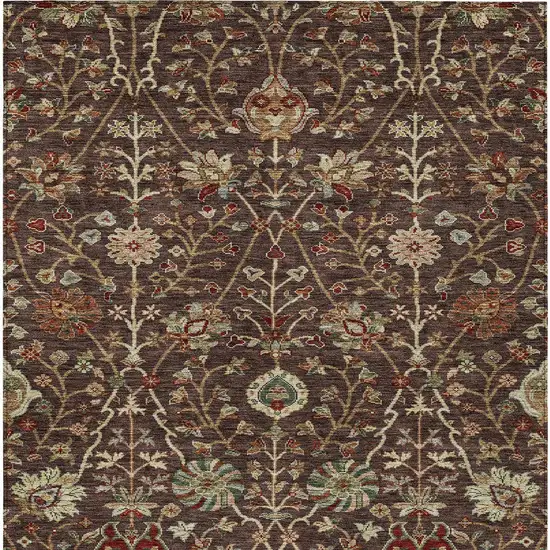 Chocolate Tan And Green Floral Washable Indoor Outdoor Area Rug Photo 7