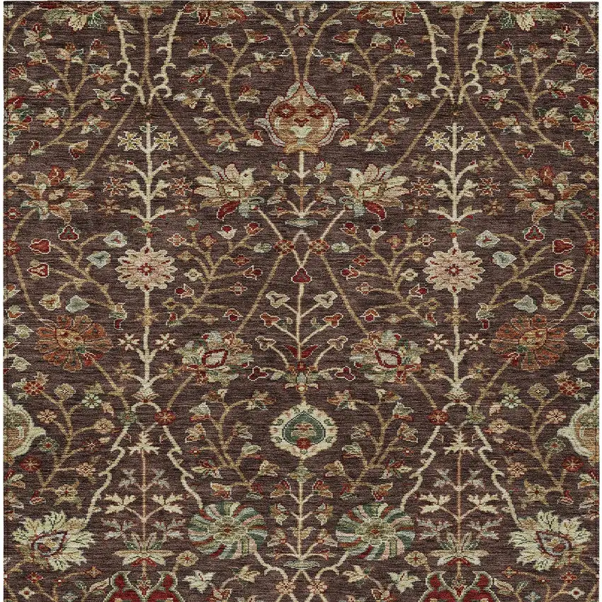 Chocolate Tan And Green Floral Washable Indoor Outdoor Area Rug Photo 7