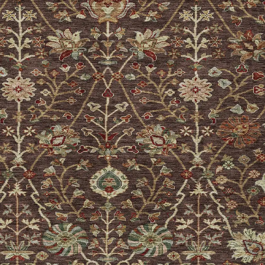 Chocolate Tan And Green Floral Washable Indoor Outdoor Area Rug Photo 6
