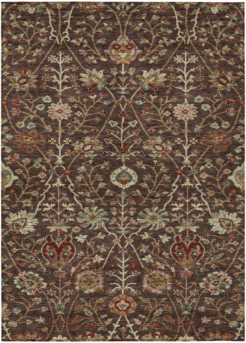 Chocolate Tan And Green Floral Washable Indoor Outdoor Area Rug Photo 2