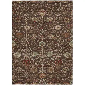 Photo of Chocolate Tan And Green Floral Washable Indoor Outdoor Area Rug