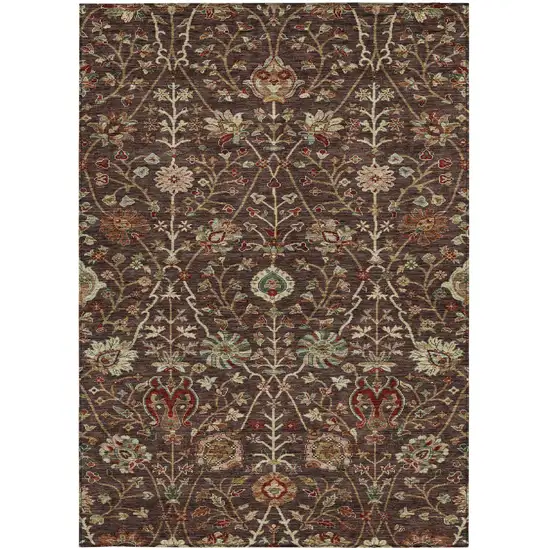 Chocolate Tan And Green Floral Washable Indoor Outdoor Area Rug Photo 7