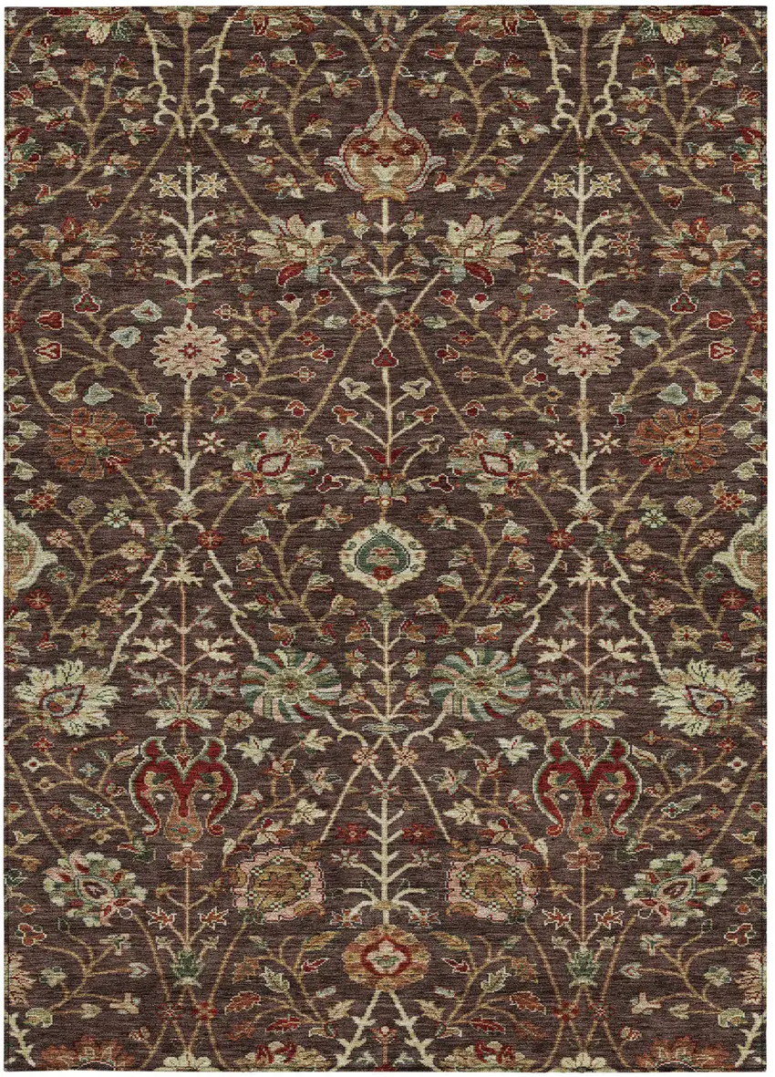 Chocolate Tan And Green Floral Washable Indoor Outdoor Area Rug Photo 7