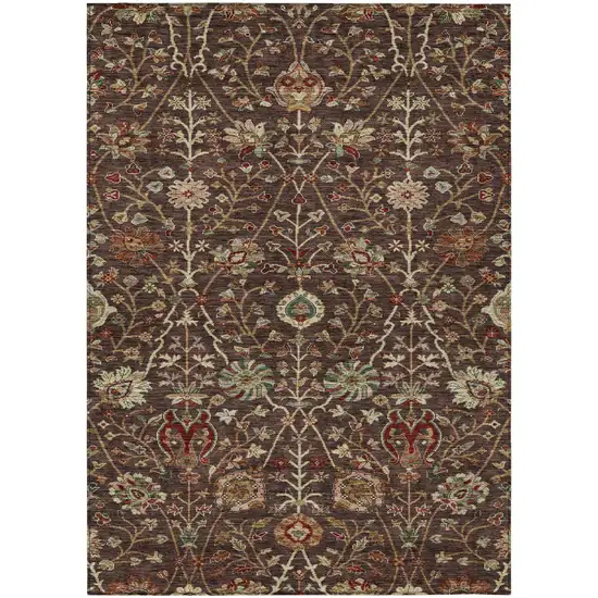 Chocolate Tan And Green Floral Washable Indoor Outdoor Area Rug Photo 2