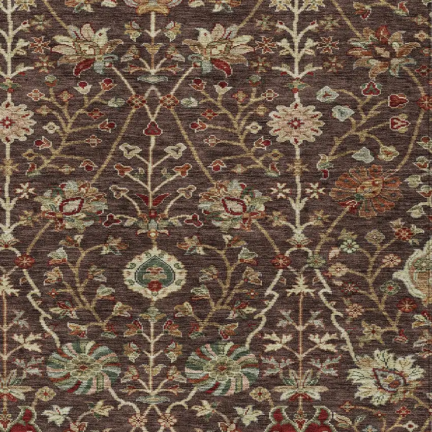 Chocolate Tan And Green Floral Washable Indoor Outdoor Area Rug Photo 6